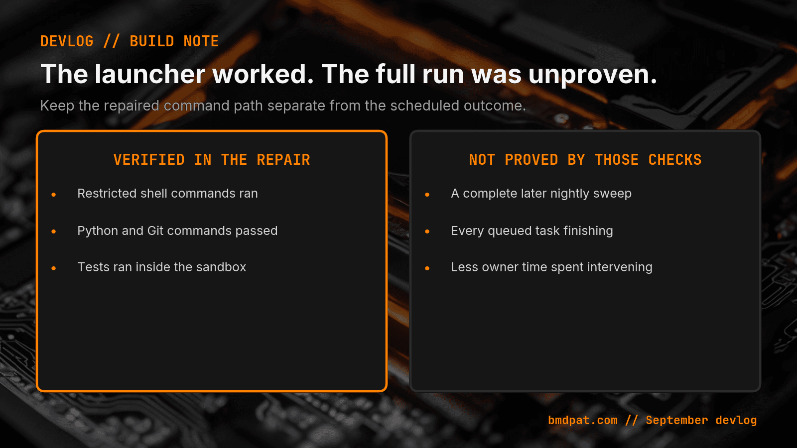 What the sandbox repair proved and what remained unverified